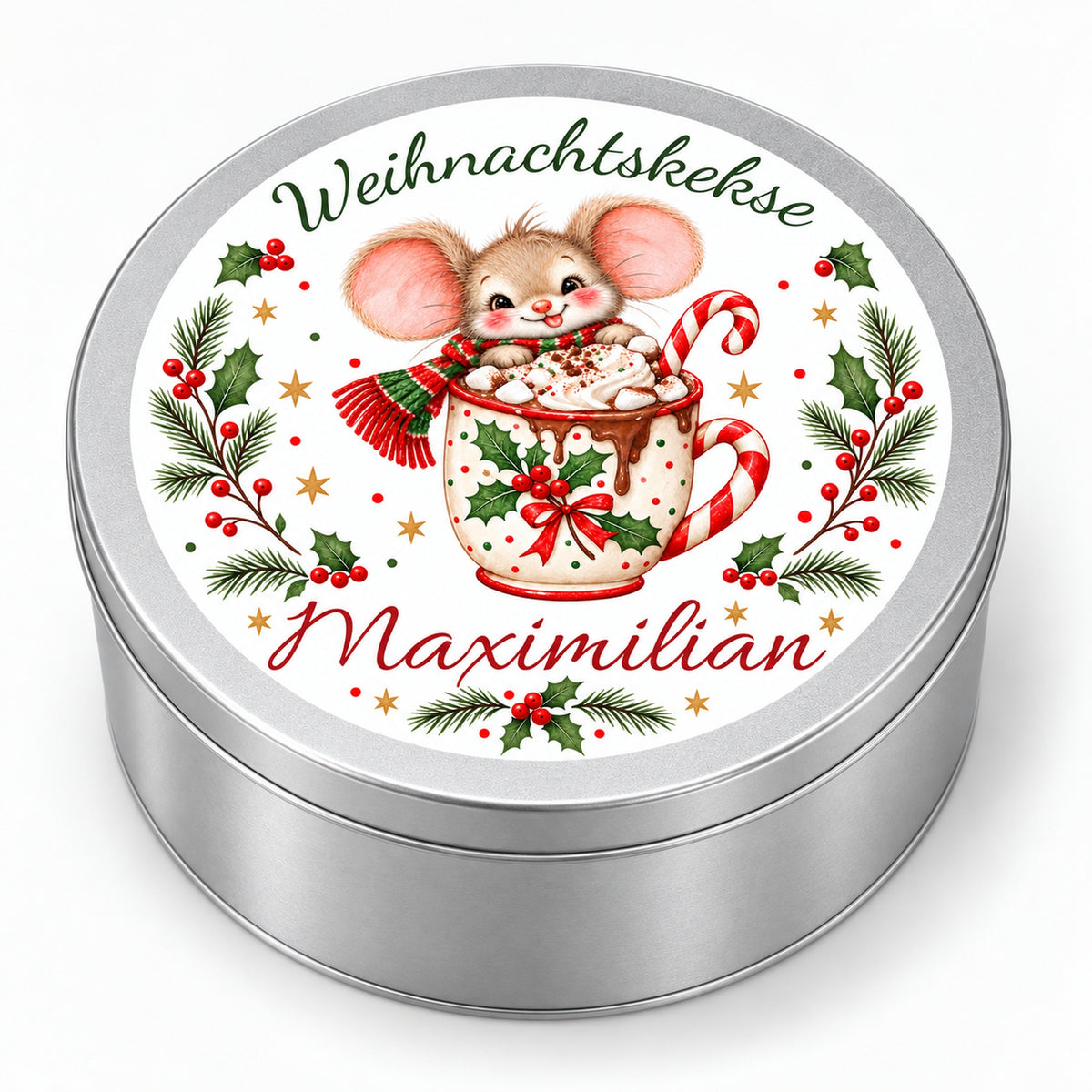 Keksdose Weihnachtsmaus Kakaotasse mit Wunschname in seitlicher Dreiviertelansicht