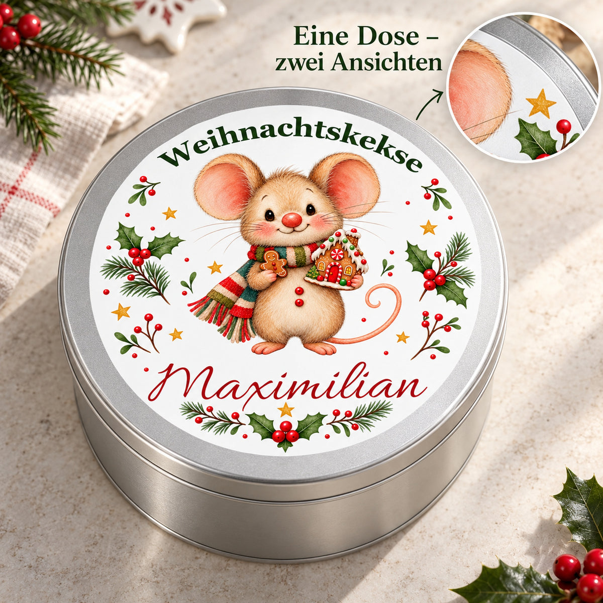 Keksdose Weihnachtsmaus Lebkuchenhaus mit Wunschname und vergrößertem Deckeldruck