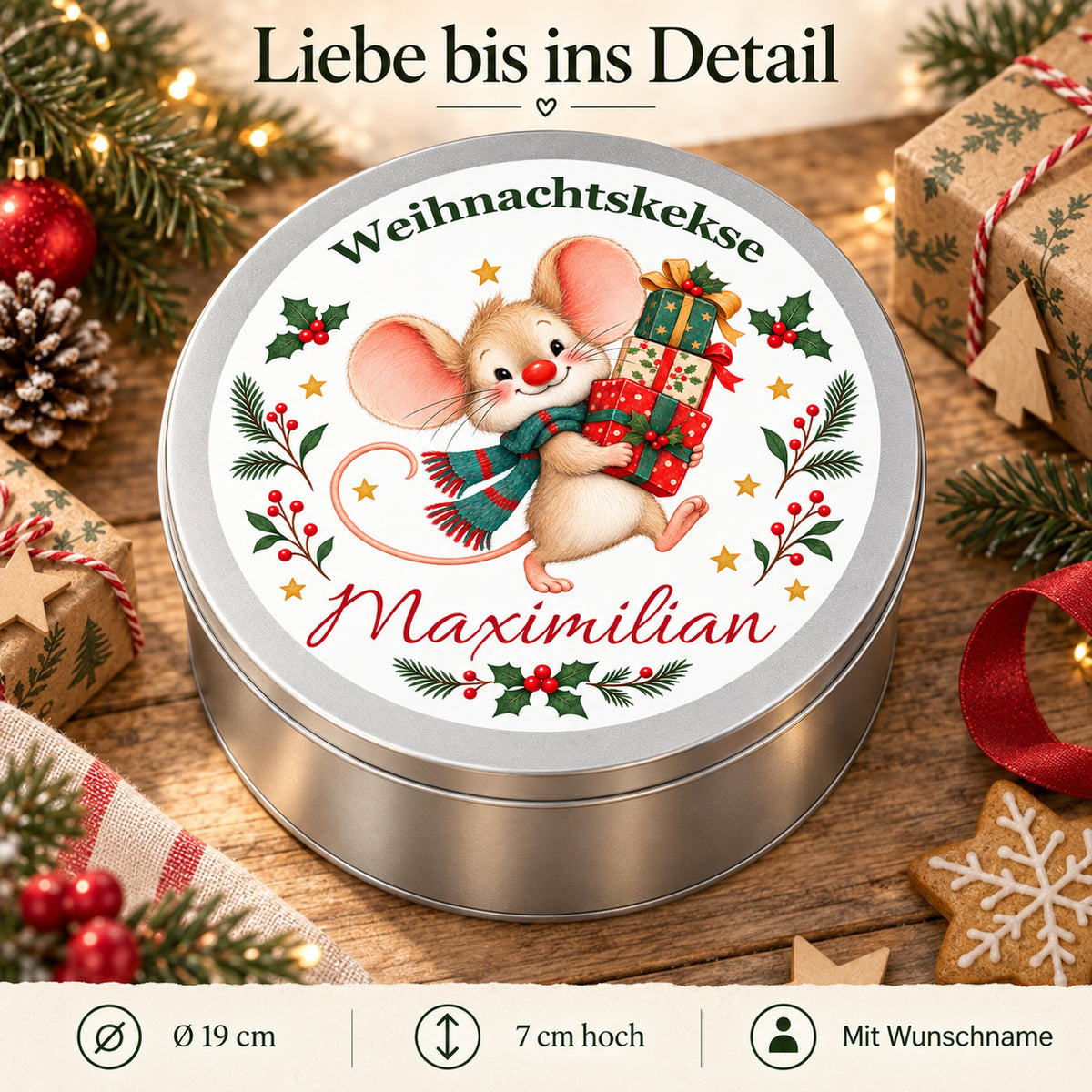 Keksdose Weihnachtsmaus Geschenke mit Maßangaben und Wunschname