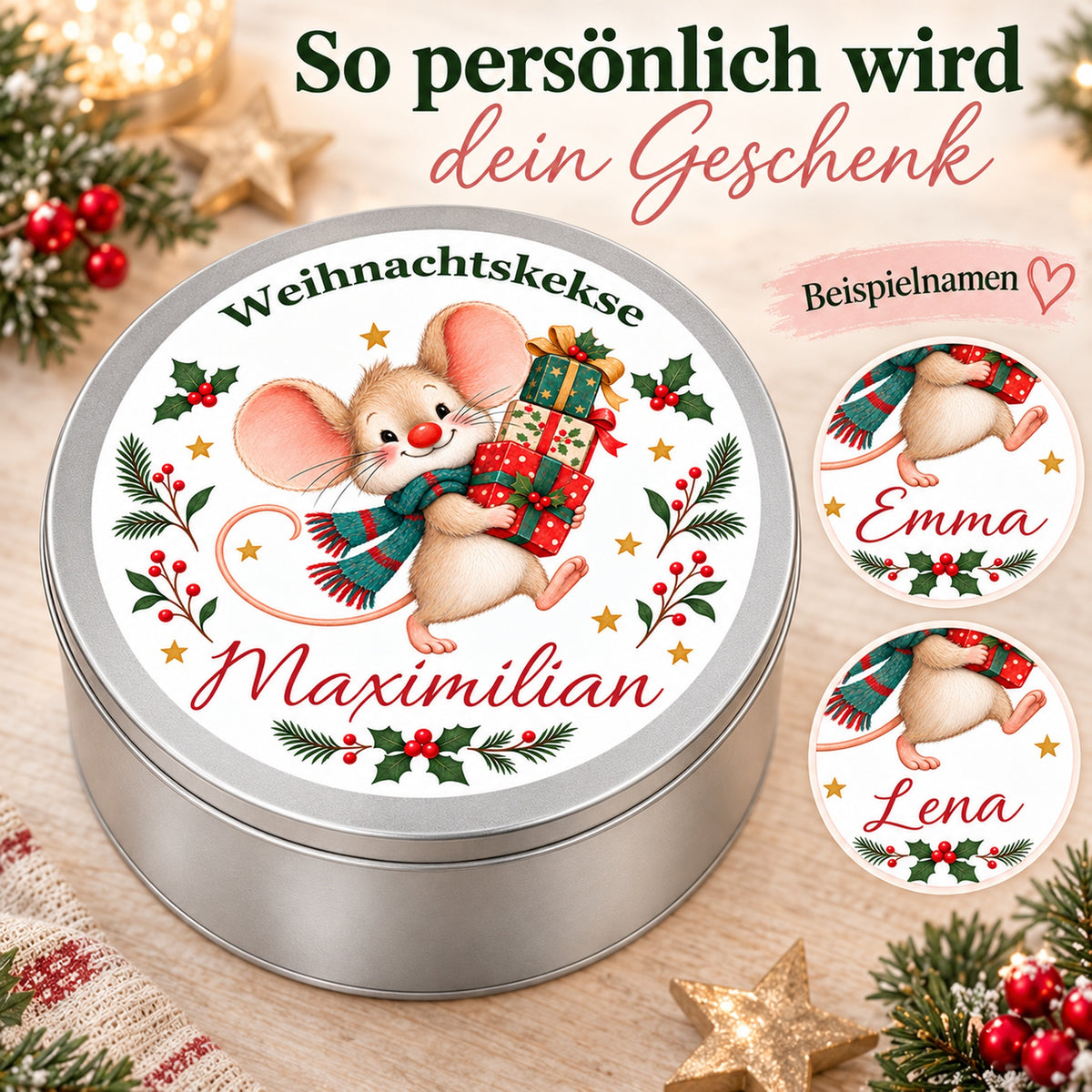Keksdose Weihnachtsmaus Geschenke mit verschiedenen Namensgestaltungen