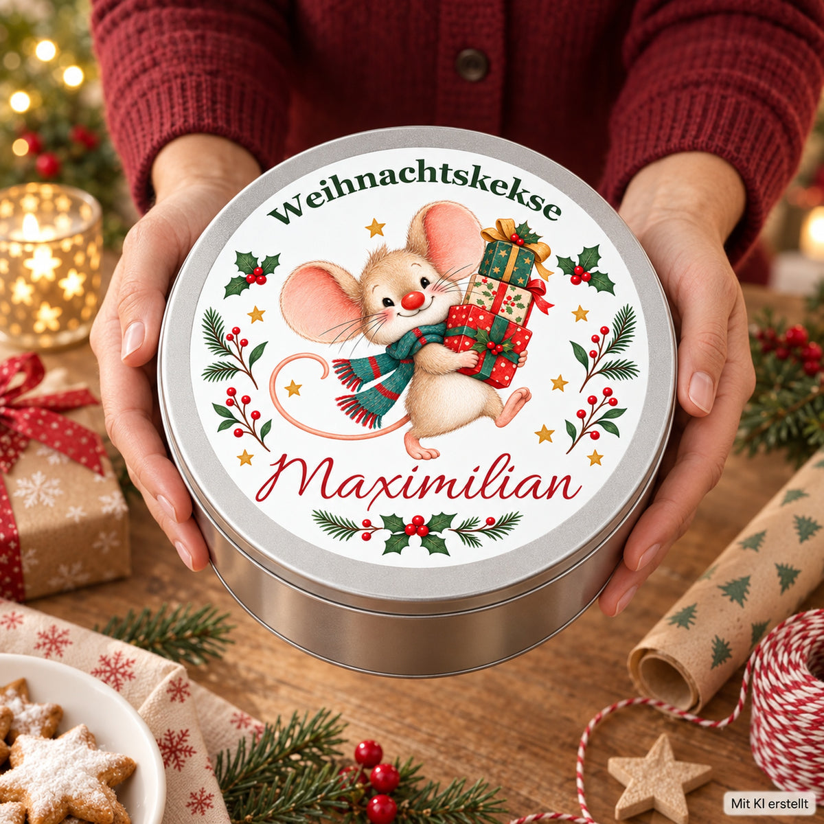 Keksdose Weihnachtsmaus Geschenke mit Wunschname in den Händen einer Person