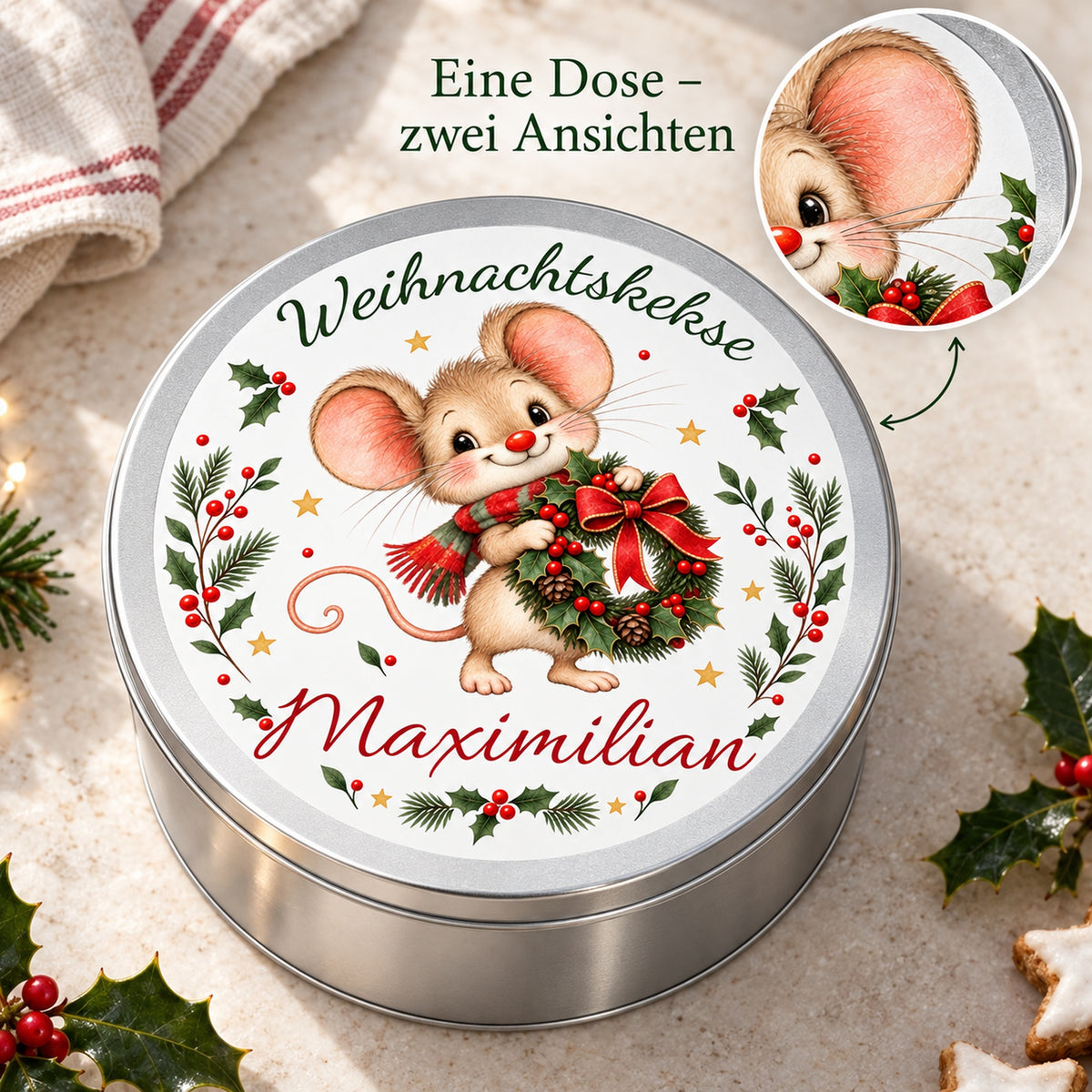 Keksdose Weihnachtsmaus Weihnachtskranz mit Wunschname und vergrößertem Deckeldruck