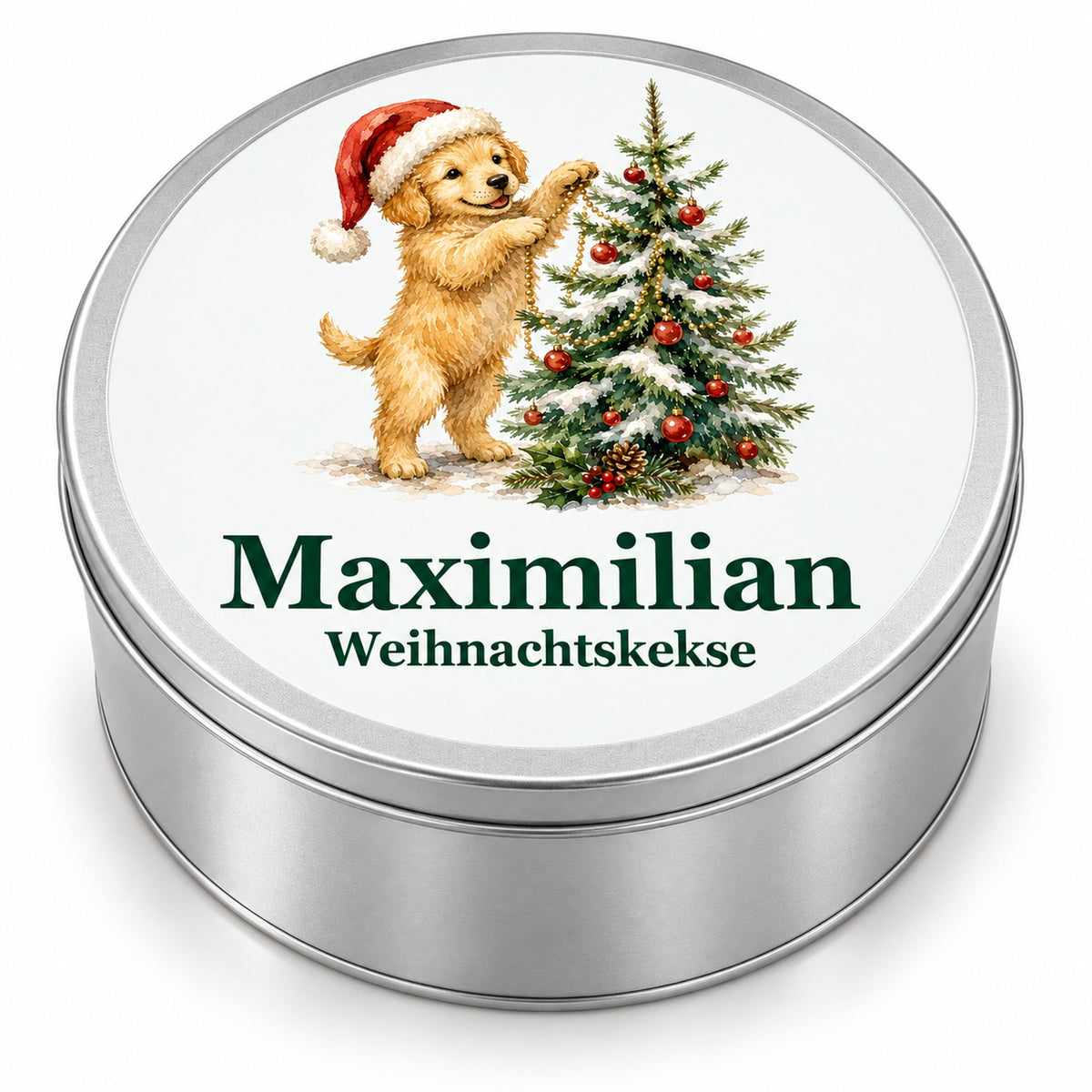 Runde Keksdose mit Hund am Weihnachtsbaum und Wunschname.