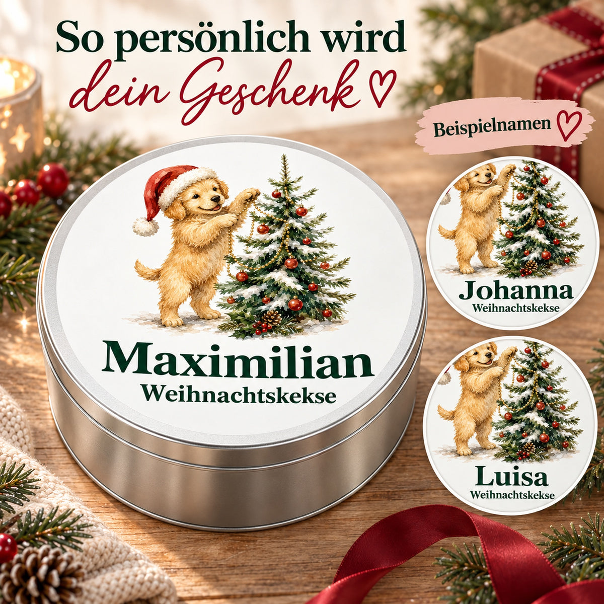 Namenspersonalisierung einer runden Keksdose mit Hund am Weihnachtsbaum und Wunschname. Detailkreise zeigen unterschiedliche Wunschnamen.