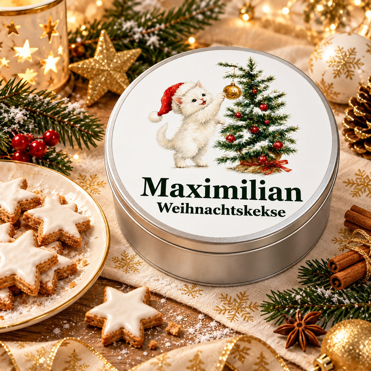 Runde Keksdose als weihnachtliche Geschenkidee mit Katze, die nach einer goldenen Kugel am Weihnachtsbaum greift und Wunschname.