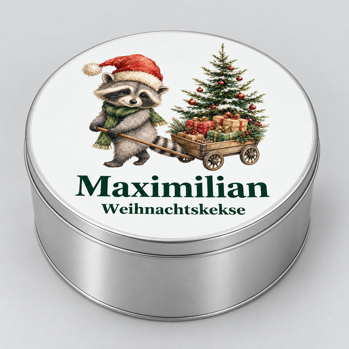 Seitenansicht einer runden Keksdose mit Waschbär mit Geschenkewagen und Wunschname.