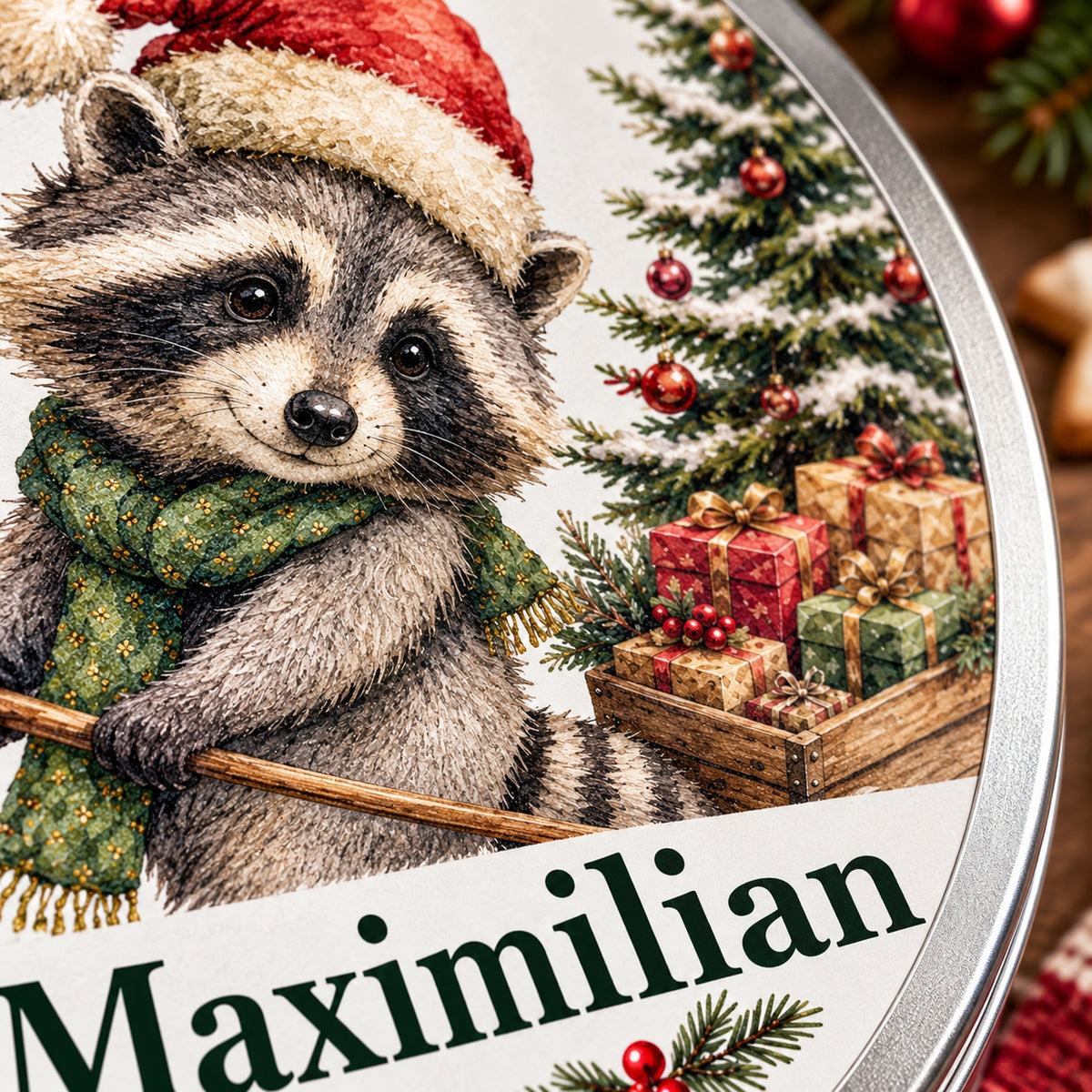 Detail des Weihnachtsmotivs auf einer runden Keksdose mit Waschbär mit Geschenkewagen und Wunschname.