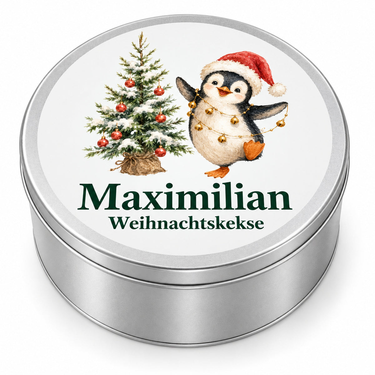 Runde Keksdose mit Pinguin mit Glöckchenkette und Wunschname.