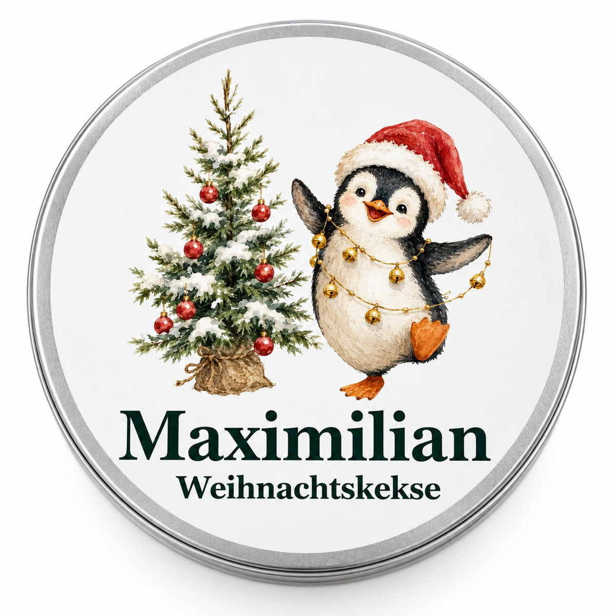 Draufsicht auf eine runde Keksdose mit Pinguin mit Glöckchenkette und Wunschname.