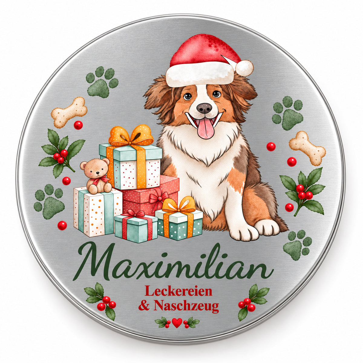 Draufsicht auf den silbernen Dosendeckel mit Australian Shepherd-Weihnachtsmotiv, Wunschname und Spruch