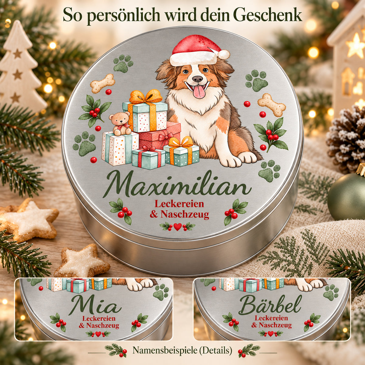 Australian Shepherd-Keksdose mit großer Namensansicht und zwei Details verschiedener Namenslängen