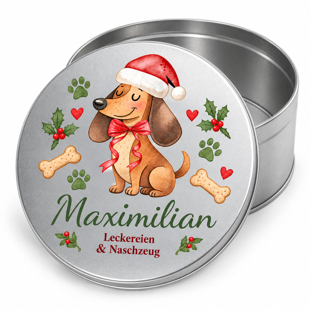 Personalisierte silberne Leckerlidose mit weihnachtlichem Dackel-Motiv, offener Dose und bedrucktem Deckel