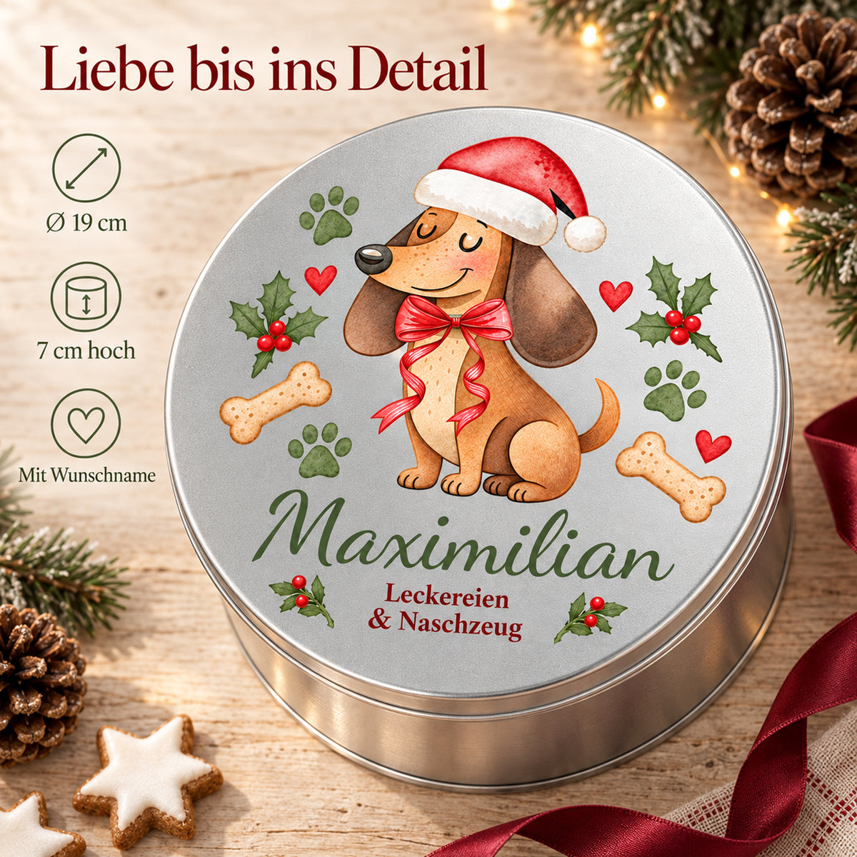 Weihnachtliche Dackel-Leckerlidose mit Angaben zu Durchmesser, Höhe und Personalisierung