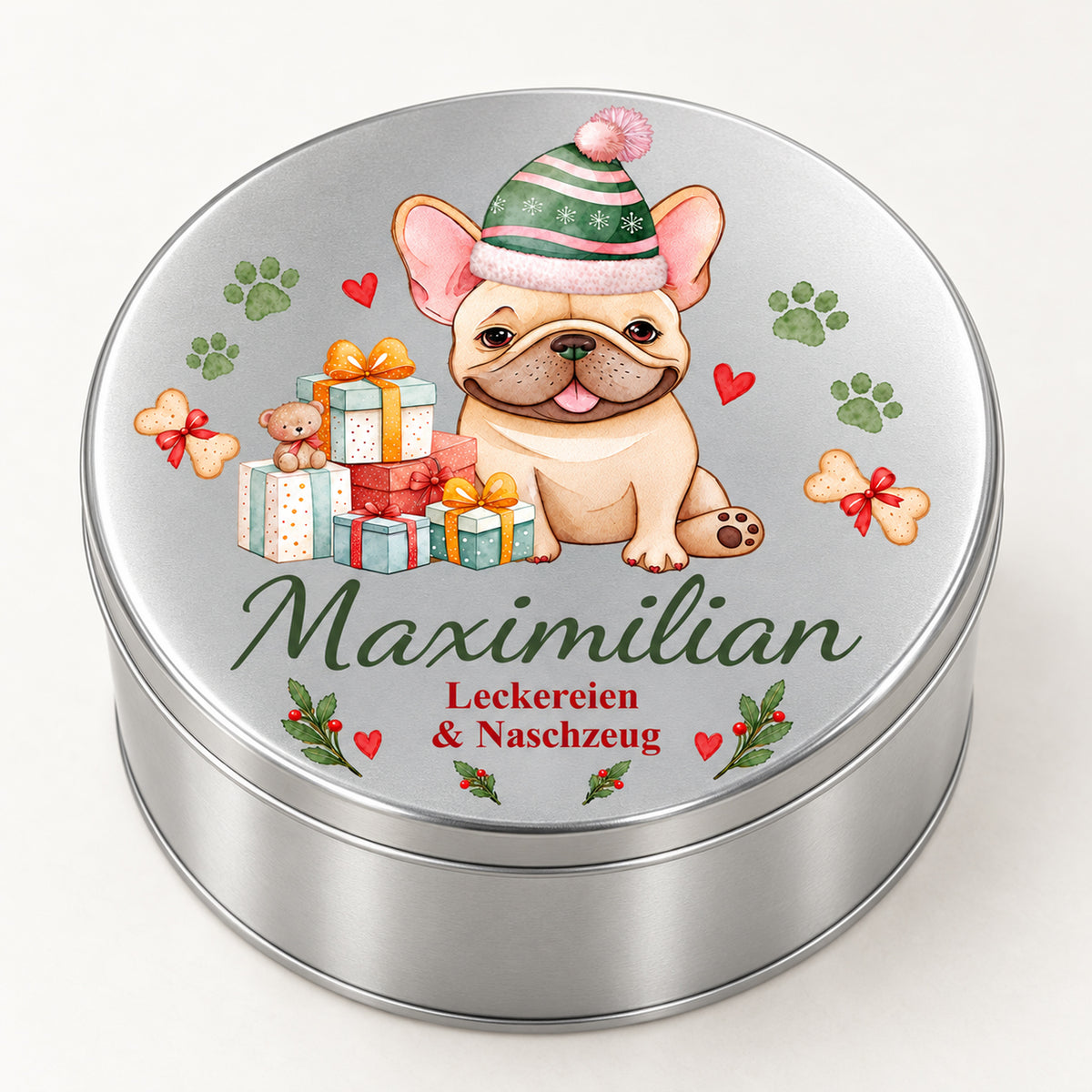 Geschlossene runde Leckerlidose mit Französische Bulldogge-Motiv in schräger Ansicht