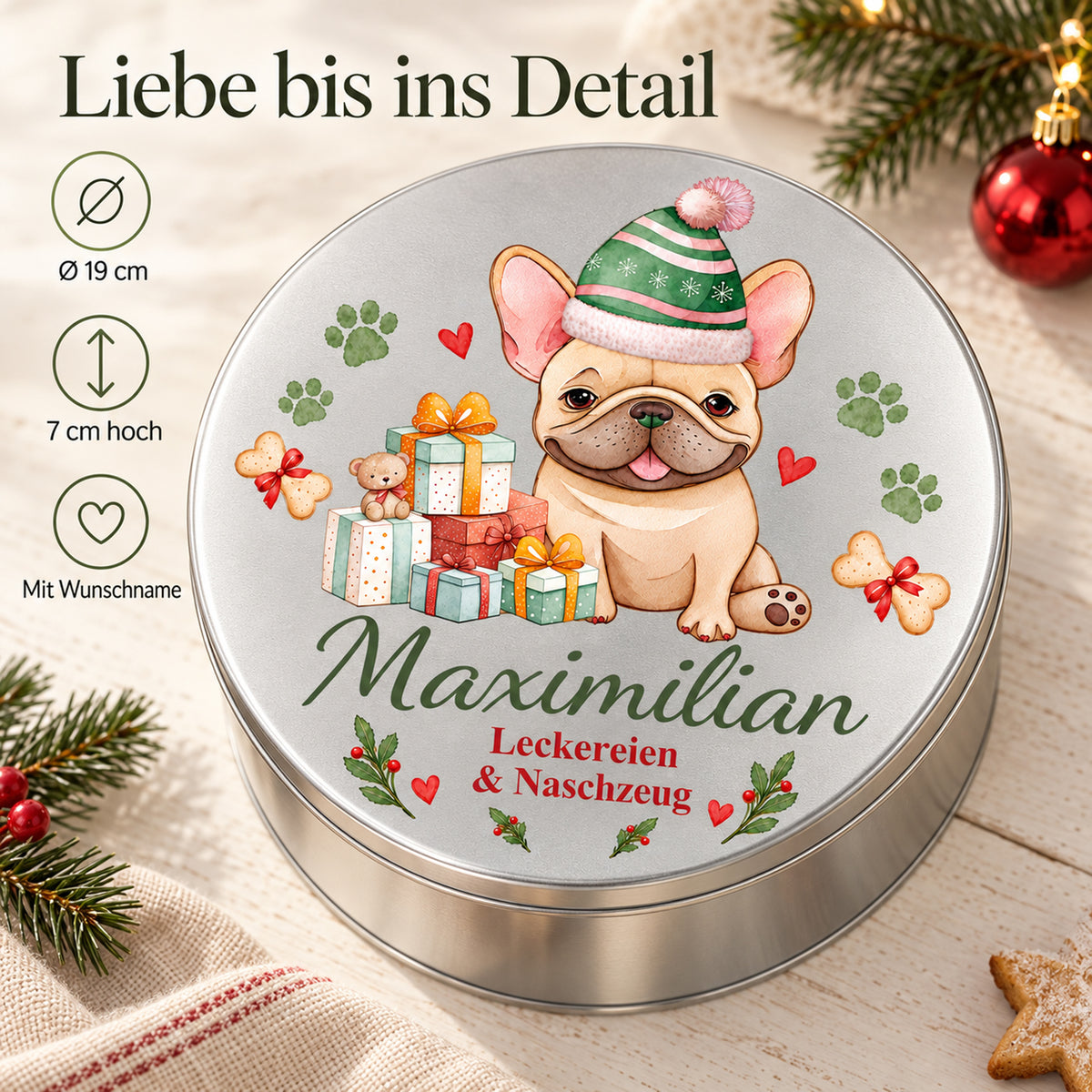 Weihnachtliche Französische Bulldogge-Leckerlidose mit Angaben zu Durchmesser, Höhe und Personalisierung