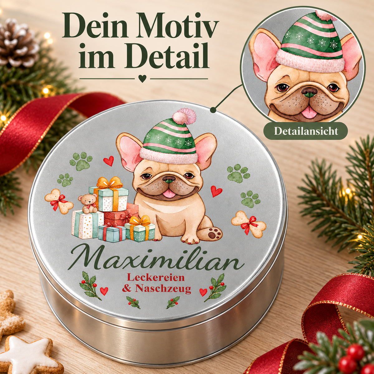 Bedruckte Französische Bulldogge-Leckerlidose mit vergrößertem Ausschnitt des weihnachtlichen Hundemotivs