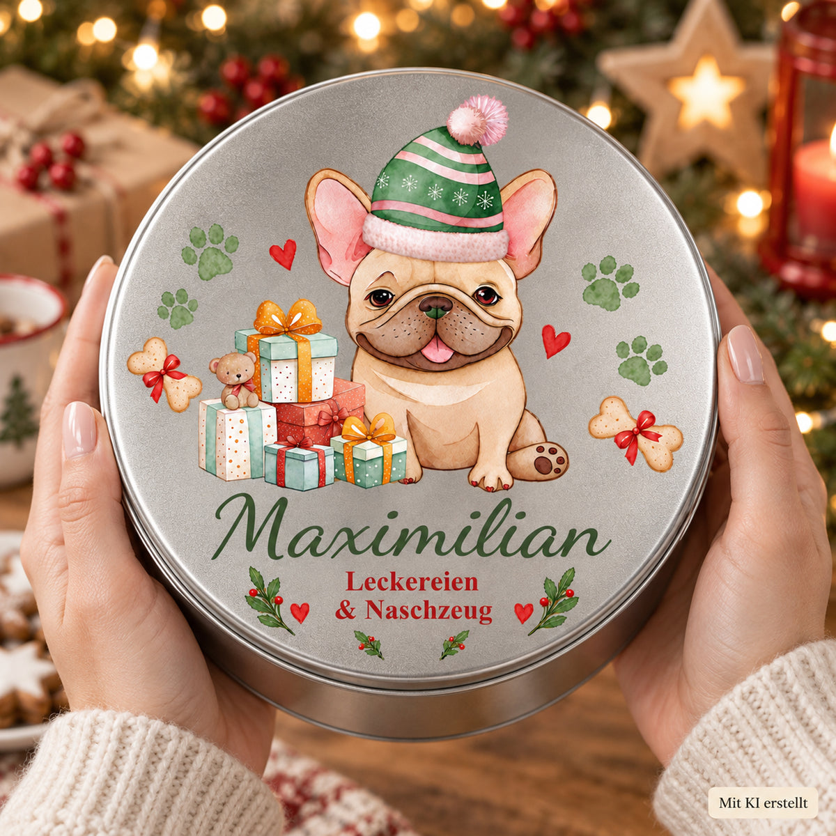 Hände halten eine silberne personalisierte Leckerlidose mit Französische Bulldogge-Motiv zur Größenorientierung