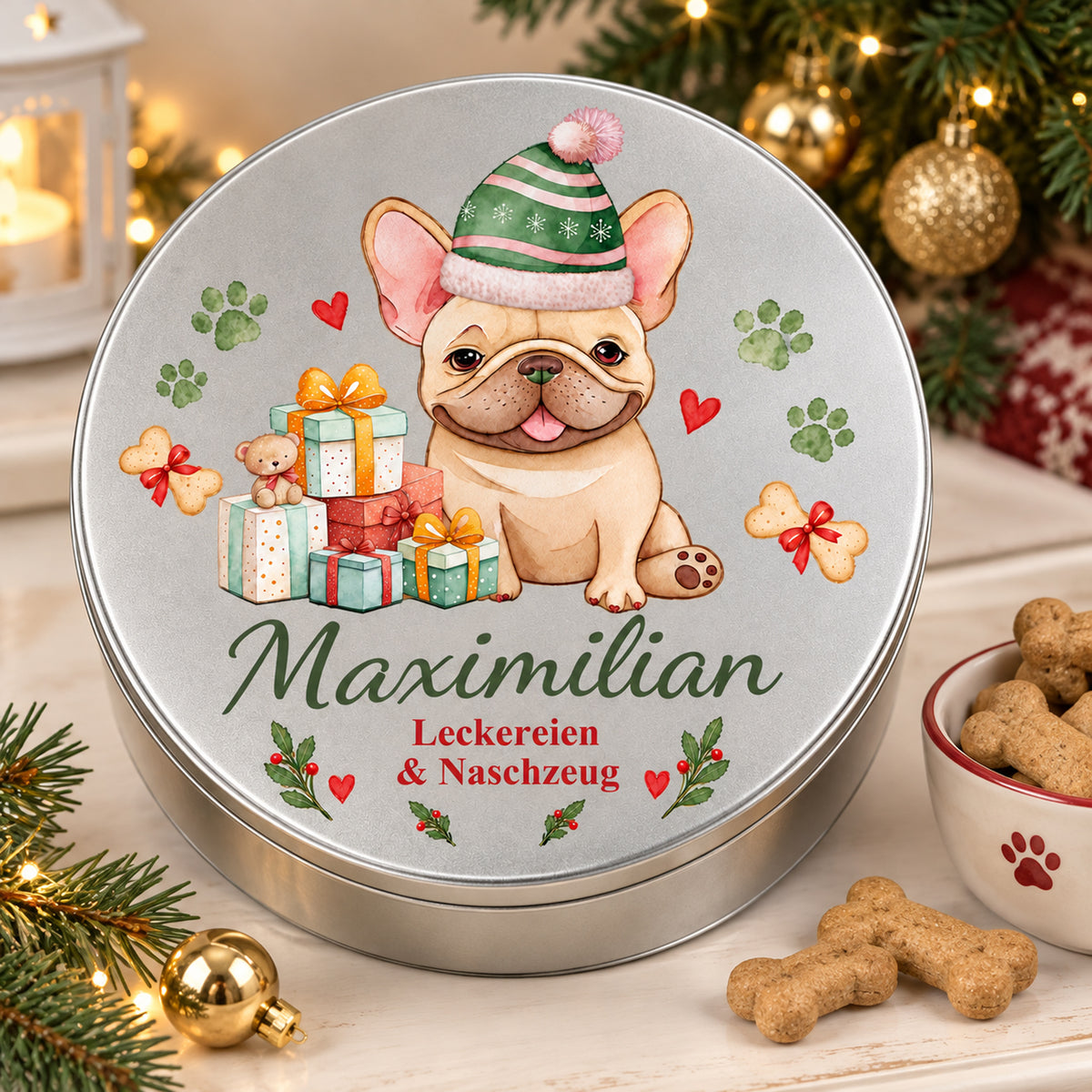 Geschlossene Französische Bulldogge-Leckerlidose als Weihnachtsgeschenk neben Hundeleckerlis und weihnachtlicher Dekoration