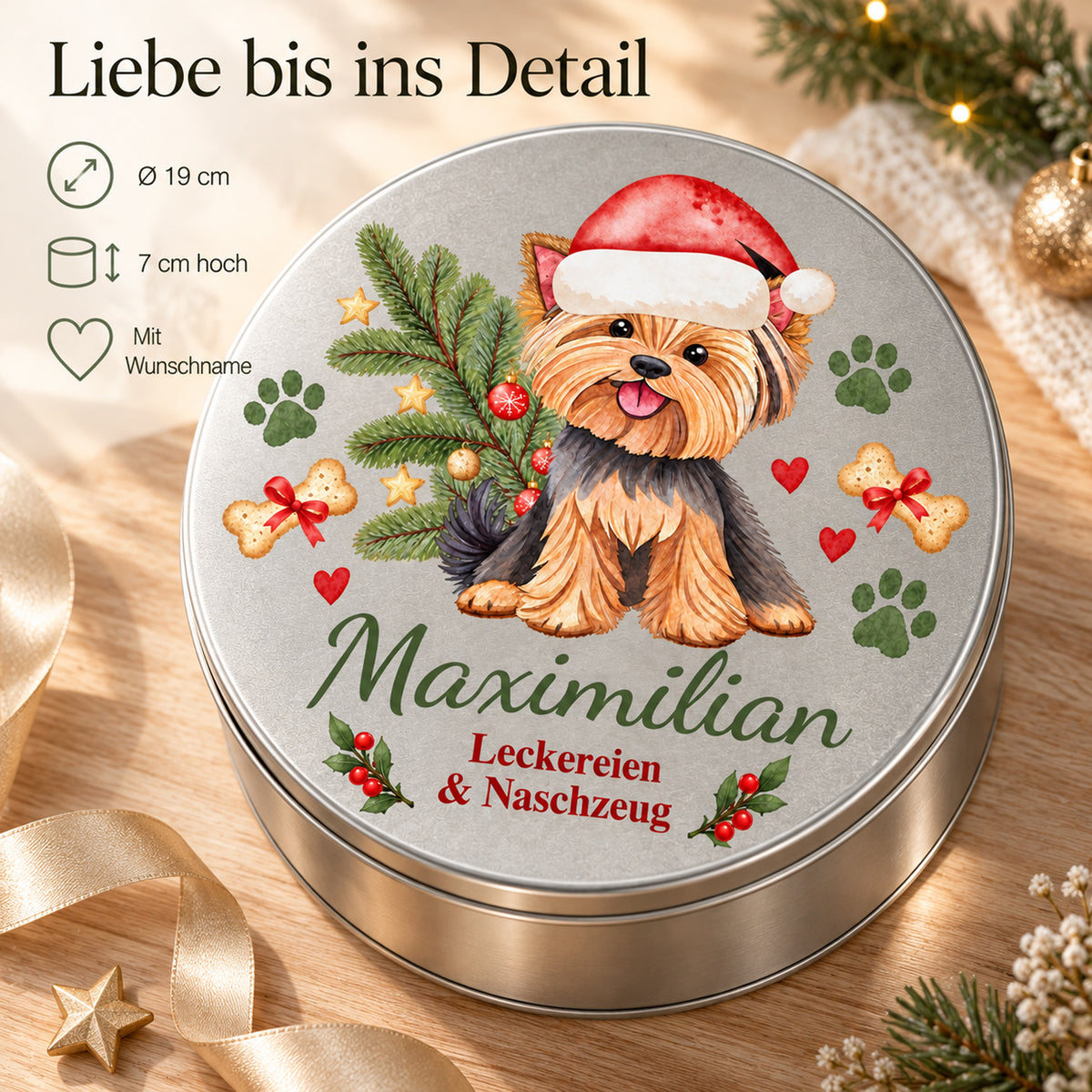 Weihnachtliche Yorkshire Terrier-Leckerlidose mit Angaben zu Durchmesser, Höhe und Personalisierung