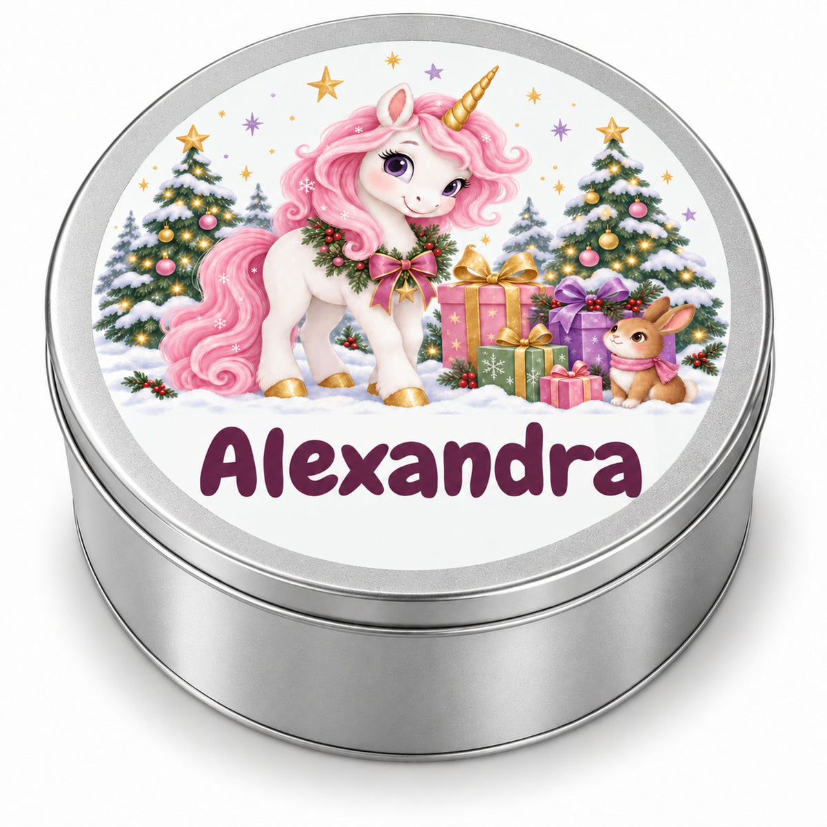 Runde personalisierte Keksdose mit Einhorn-Motiv und Wunschname, vor hellem Hintergrund.