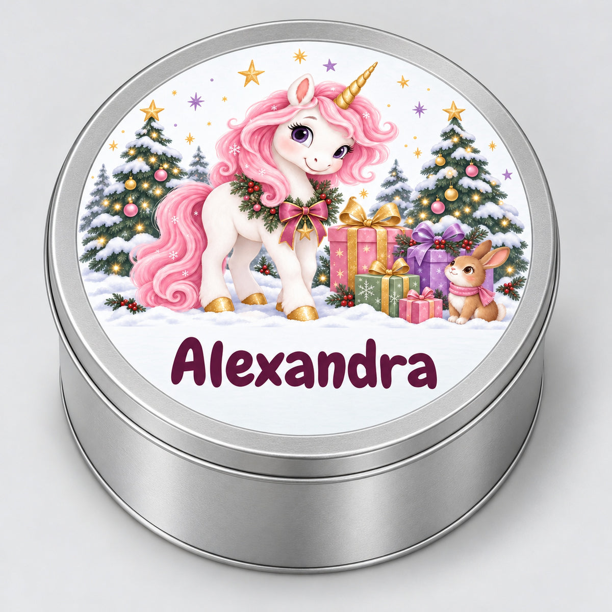 Runde personalisierte Keksdose mit Einhorn-Motiv und Wunschname, schräg von vorne vor grauem Hintergrund.