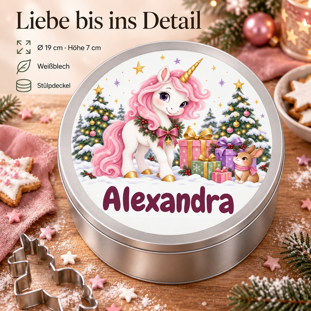 Runde personalisierte Keksdose mit Einhorn-Motiv und Wunschname, mit Angaben zu 19 cm Durchmesser, 7 cm Höhe, Weißblech und Stülpdeckel.