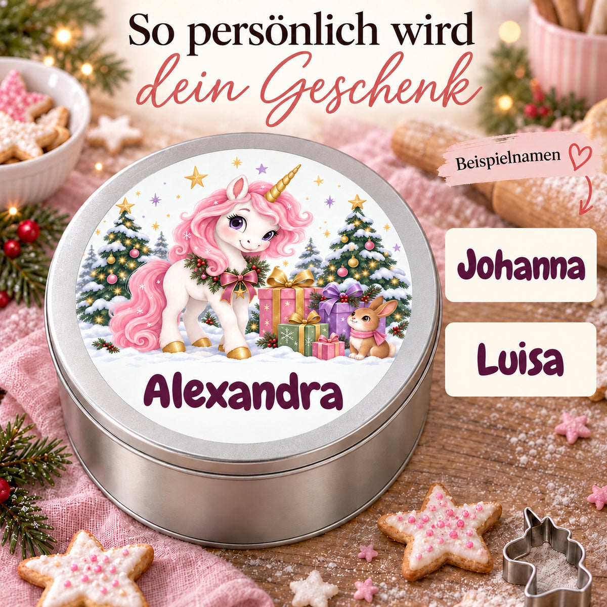 Runde personalisierte Keksdose mit Einhorn-Motiv und Wunschname, mit Beispielen für die Personalisierung.