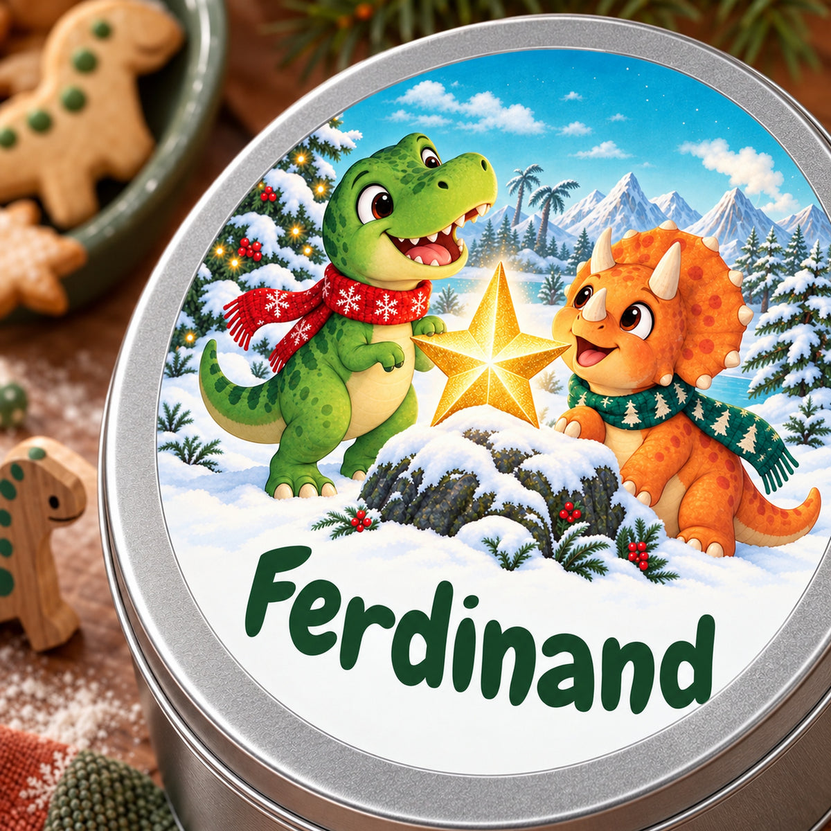 Runde personalisierte Keksdose mit Dino-Motiv und Wunschname, als Nahaufnahme von Deckeldruck und Dosenrand.