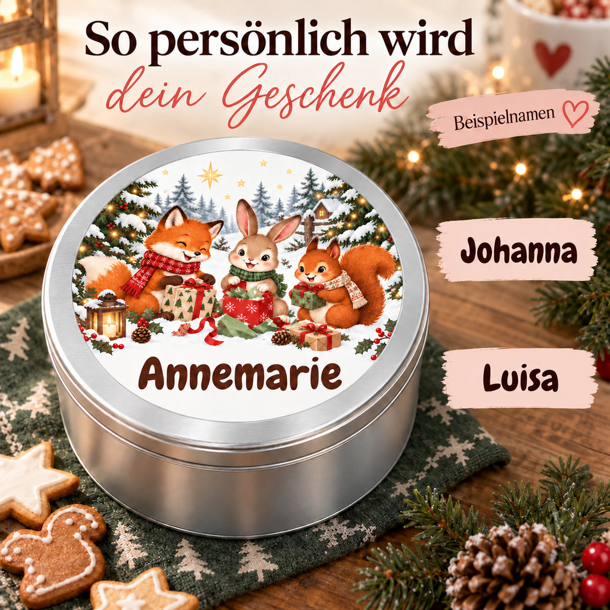 Runde personalisierte Keksdose mit Waldtiere-Motiv und Wunschname, mit Beispielen für die Personalisierung.