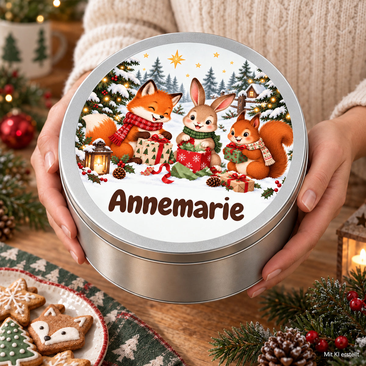 Runde personalisierte Keksdose mit Waldtiere-Motiv und Wunschname, in Händen gehalten, mit Kennzeichnung Mit KI erstellt.