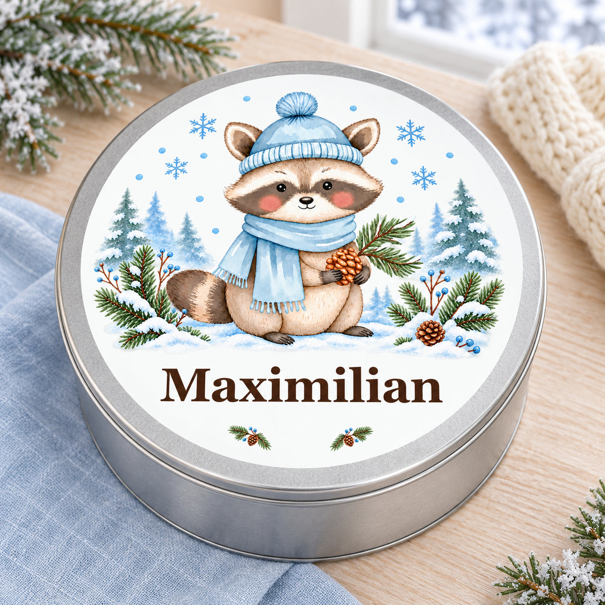 Keksdose mit Waschbär und Wunschname, bedruckter Deckel von oben