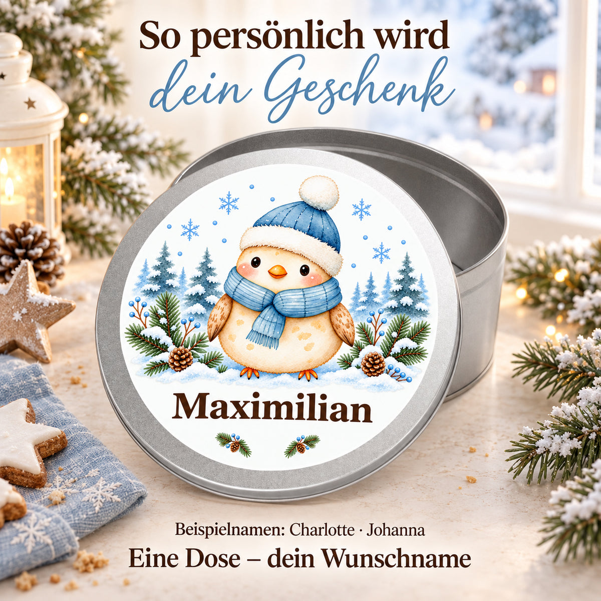 Eine Keksdose mit Eule mit Wintermütze und Wunschname; weitere Namensbeispiele stehen daneben als Text