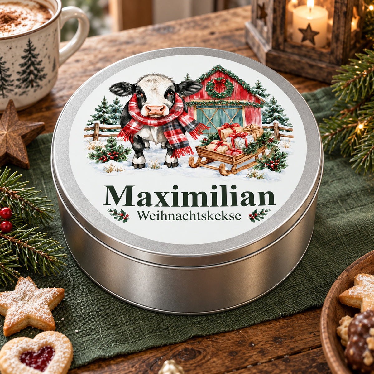 Gebäckdose mit Kuh im Weihnachtsstall und Wunschname auf einem weihnachtlich dekorierten Holztisch