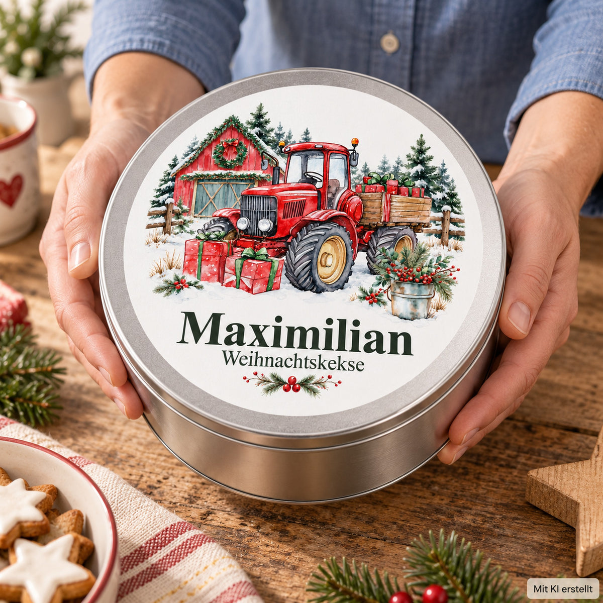 Personalisierte Plätzchendose mit Traktor mit Weihnachtsgeschenken und Wunschname in den Händen