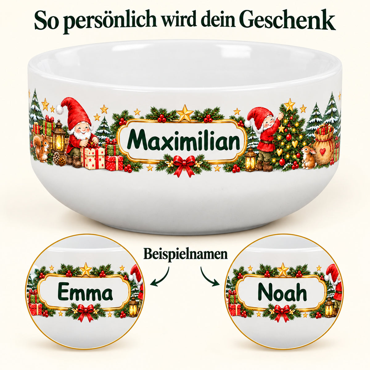 Weiße personalisierte Keramik-Müslischale mit Wichtel-Weihnachtsmotiv mit verschiedenen Wunschnamen zur Darstellung der Personalisierung.