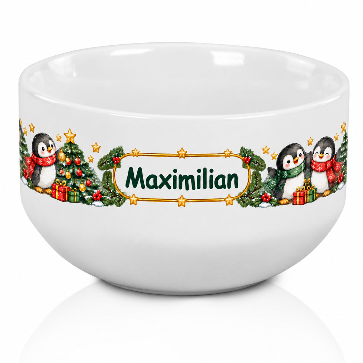 Weiße personalisierte Keramik-Müslischale mit Pinguine-Weihnachtsmotiv und Wunschname als freigestellte Produktansicht auf weißem Hintergrund.