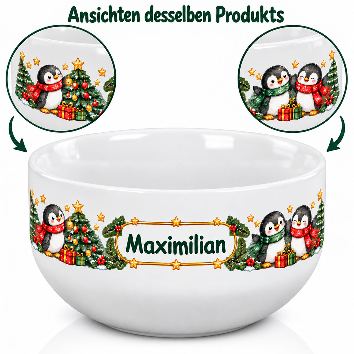 Mehrere Ansichten derselben personalisierten Müslischale mit Pinguine-Weihnachtsmotiv.