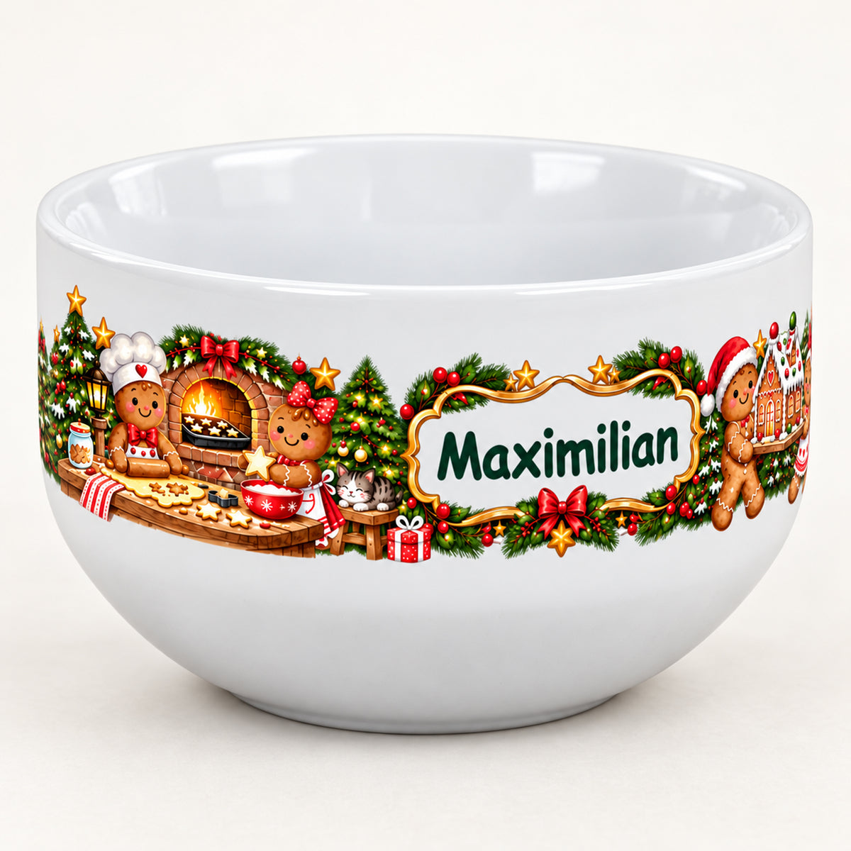 Weiße personalisierte Keramik-Müslischale mit Lebkuchenbäckerei-Weihnachtsmotiv mit Ansicht des linken Motivbereichs.