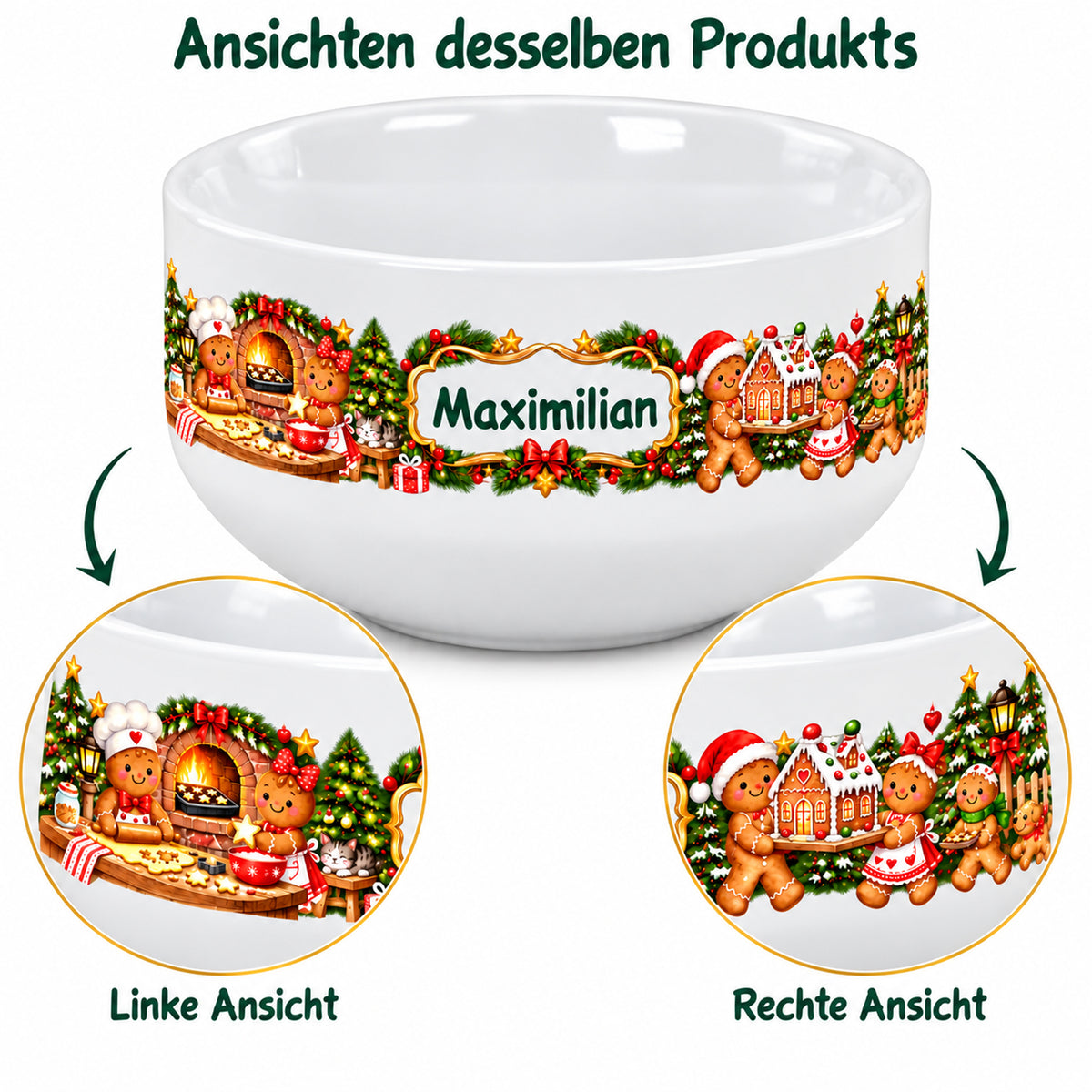 Mehrere Ansichten derselben personalisierten Müslischale mit Lebkuchenbäckerei-Weihnachtsmotiv.