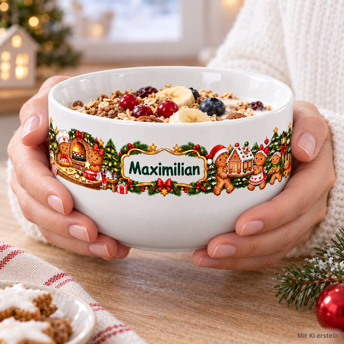 Weiße personalisierte Keramik-Müslischale mit Lebkuchenbäckerei-Weihnachtsmotiv beim Frühstück mit sichtbaren Händen; Bildkennzeichnung „Mit KI erstellt“.