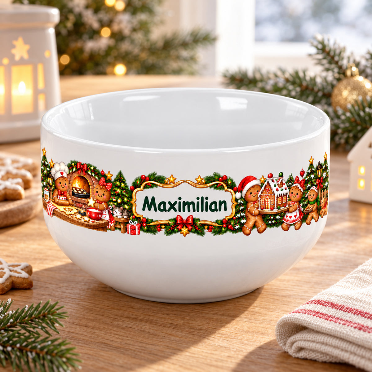 Weiße personalisierte Keramik-Müslischale mit Lebkuchenbäckerei-Weihnachtsmotiv auf einem weihnachtlich dekorierten Frühstückstisch.