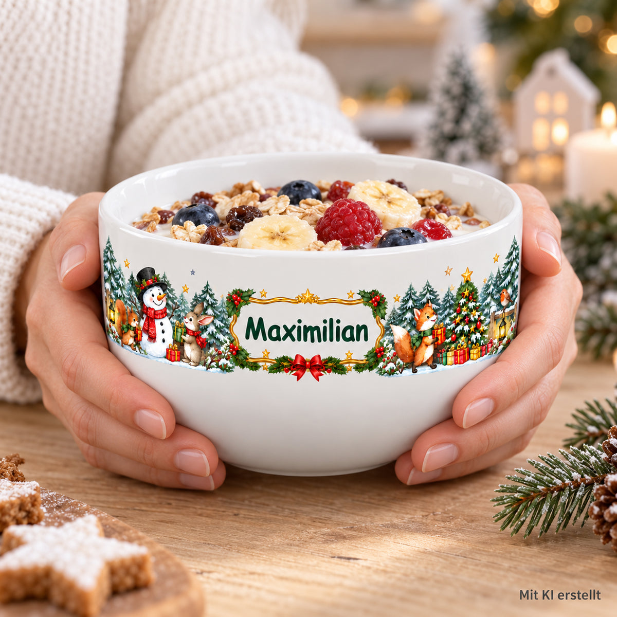 Weiße personalisierte Keramik-Müslischale mit Schneemann-Weihnachtsmotiv beim Frühstück mit sichtbaren Händen; Bildkennzeichnung „Mit KI erstellt“.