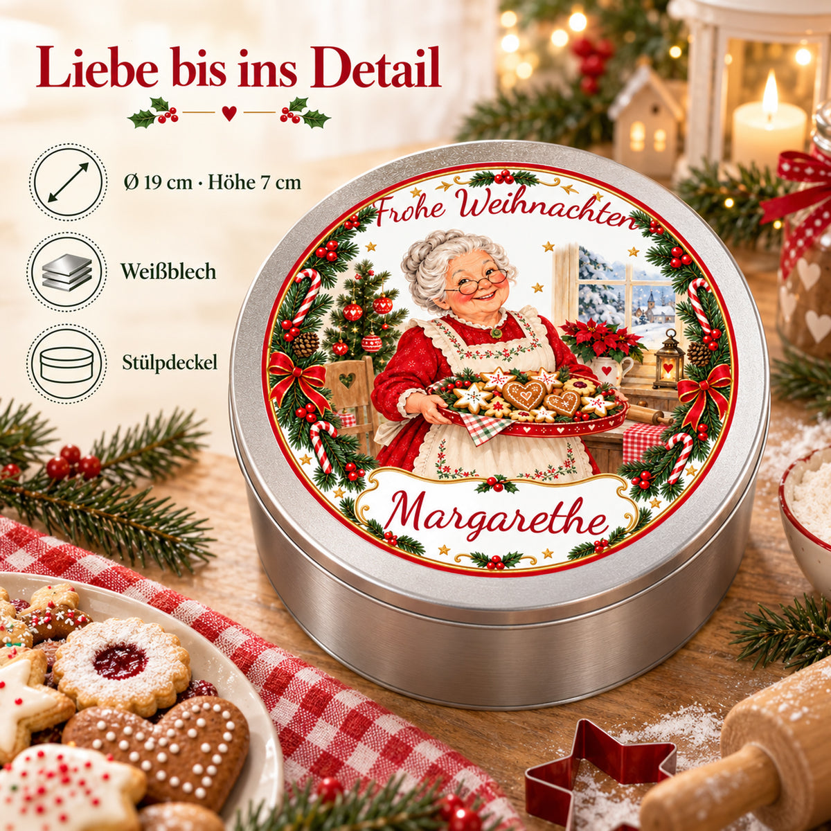 Produktdetails der Weihnachtsoma-Keksdose Plätzchentablett: 19 cm Durchmesser, 7 cm Höhe, Weißblech und Stülpdeckel.