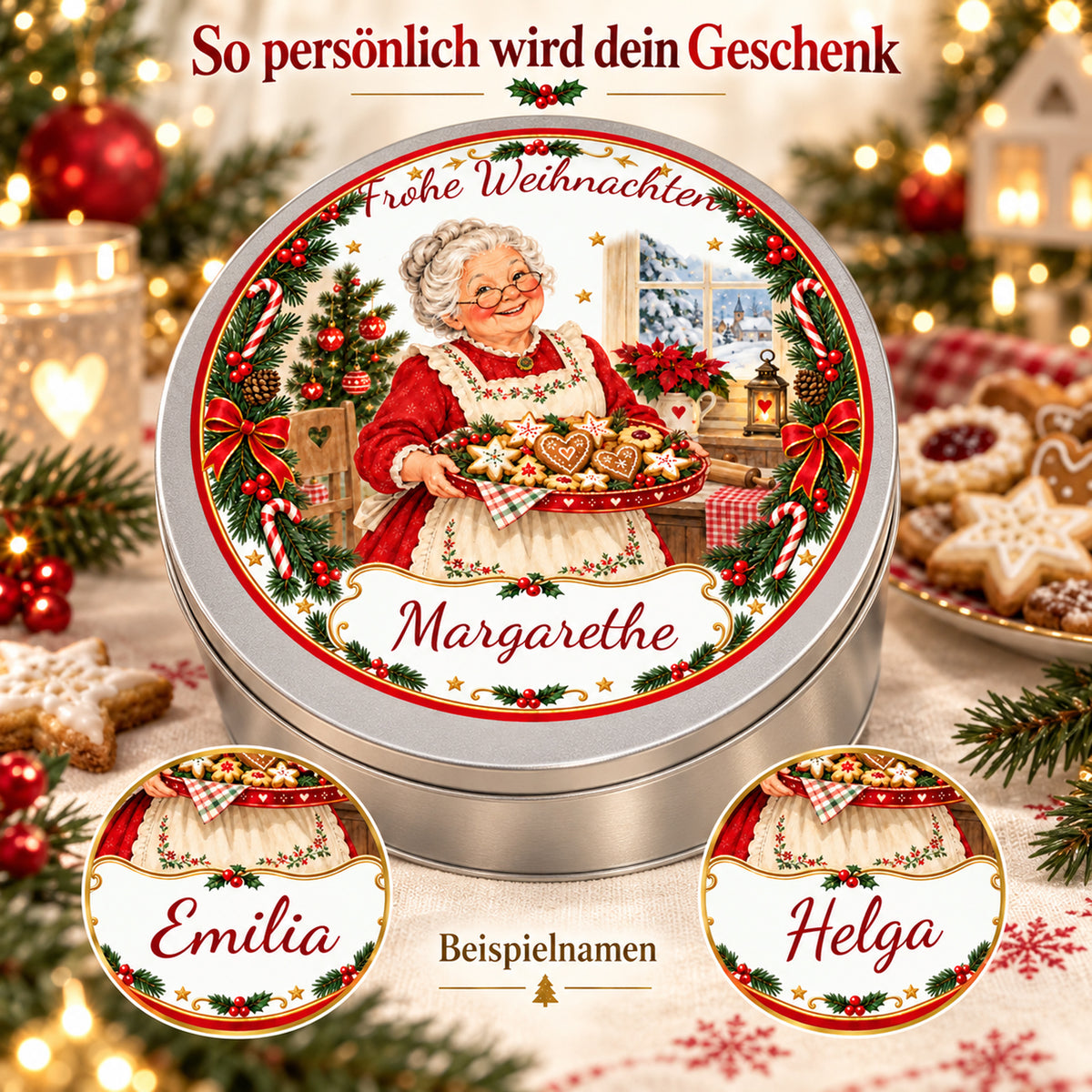 Personalisierungsbeispiele der Weihnachtsoma-Keksdose Plätzchentablett mit verschiedenen Wunschnamen.