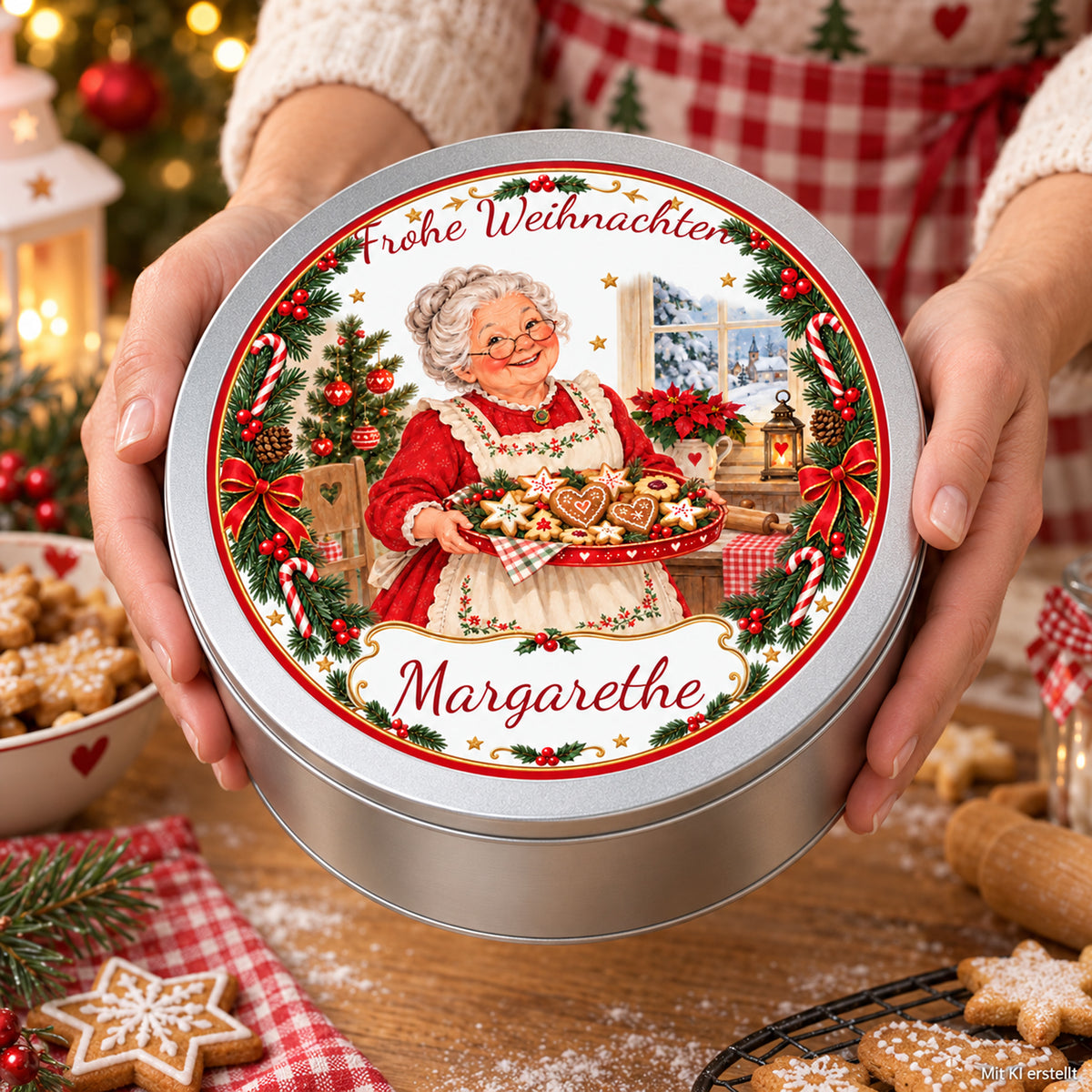 Hände präsentieren die Weihnachtsoma-Keksdose Plätzchentablett und ihren bedruckten Deckel; Bild mit KI erstellt.