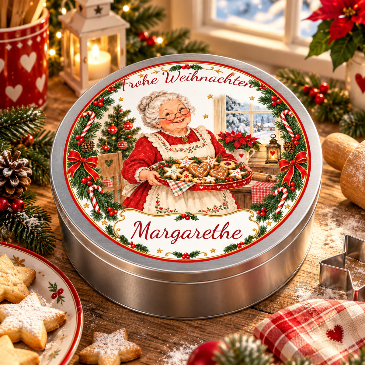 Personalisierte Weihnachtsoma-Keksdose Plätzchentablett in einer Küche.