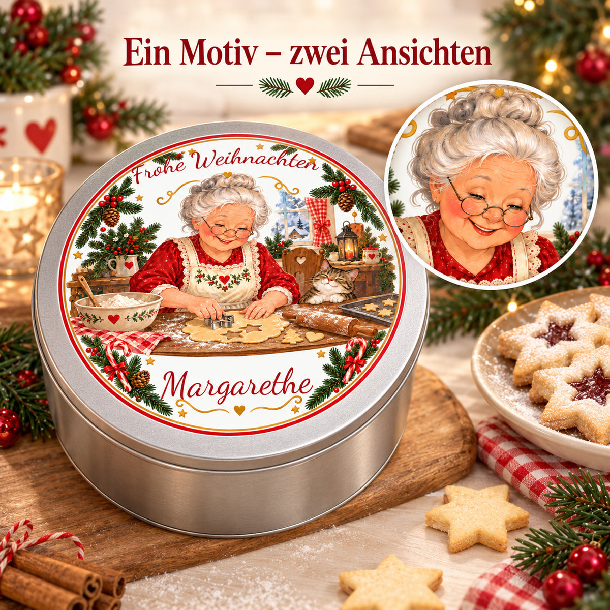 Weihnachtsoma-Keksdose Plätzchen ausstechen mit einem Detailkreis, der das Oma-Motiv vergrößert zeigt.