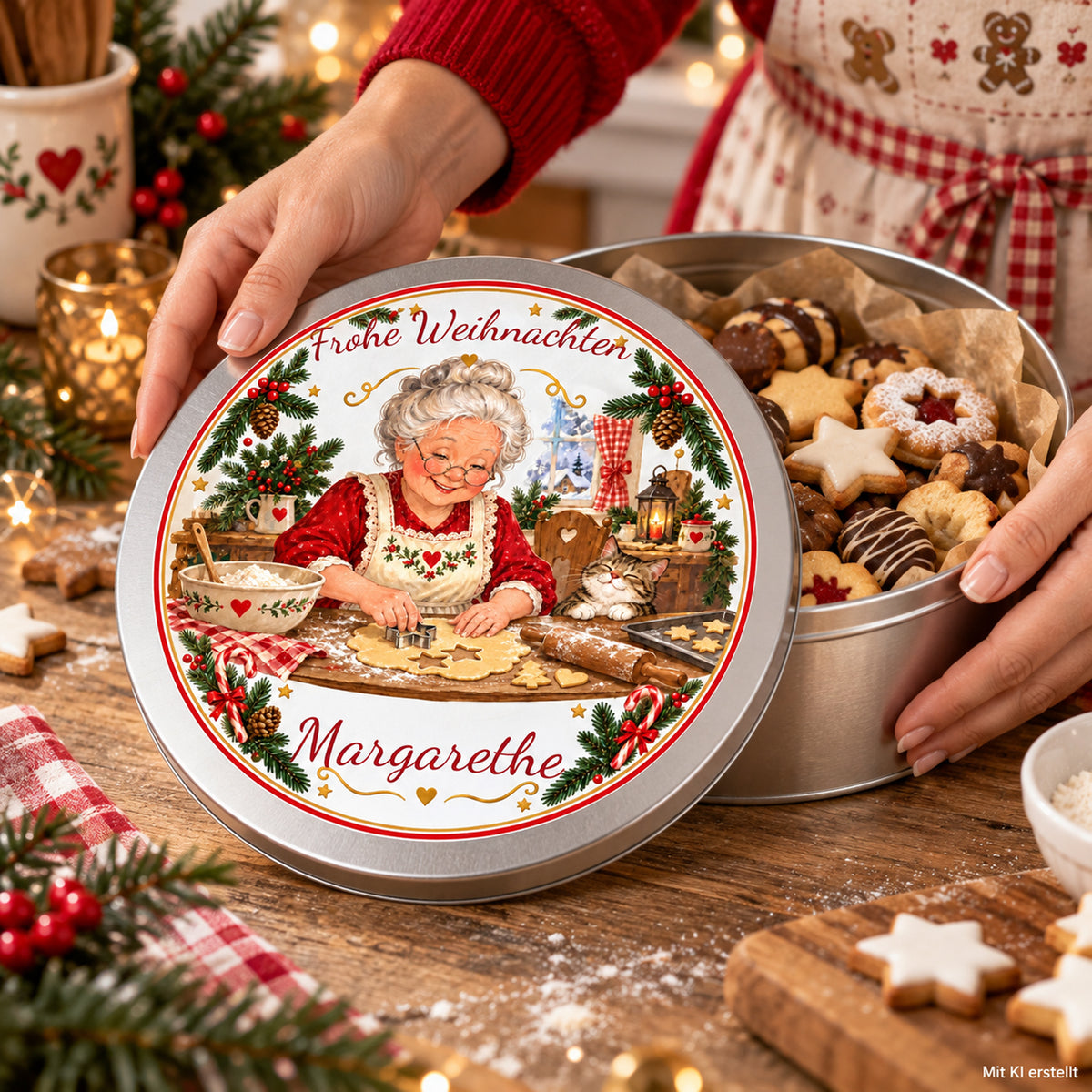Hände präsentieren die Weihnachtsoma-Keksdose Plätzchen ausstechen und ihren bedruckten Deckel; Bild mit KI erstellt.