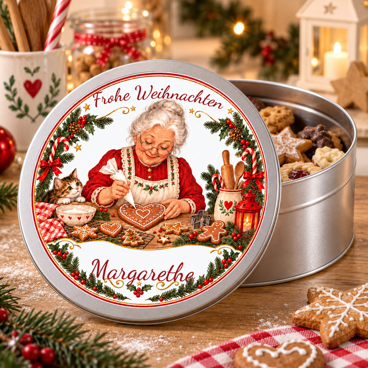 Offene personalisierte Weihnachtsoma-Keksdose, Motiv Lebkuchen verzieren mit separat präsentiertem bedrucktem Deckel.