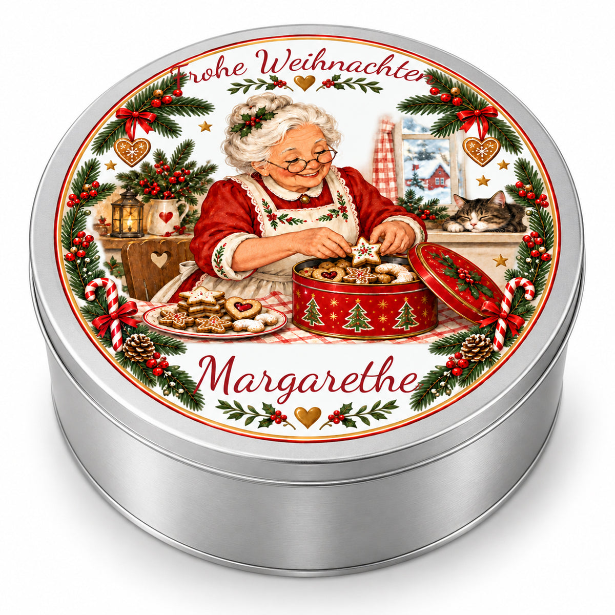 Silberne geschlossene Keksdose mit Weihnachtsoma-Motiv Keksdose füllen, Frohe Weihnachten und Wunschname vor weißem Hintergrund.